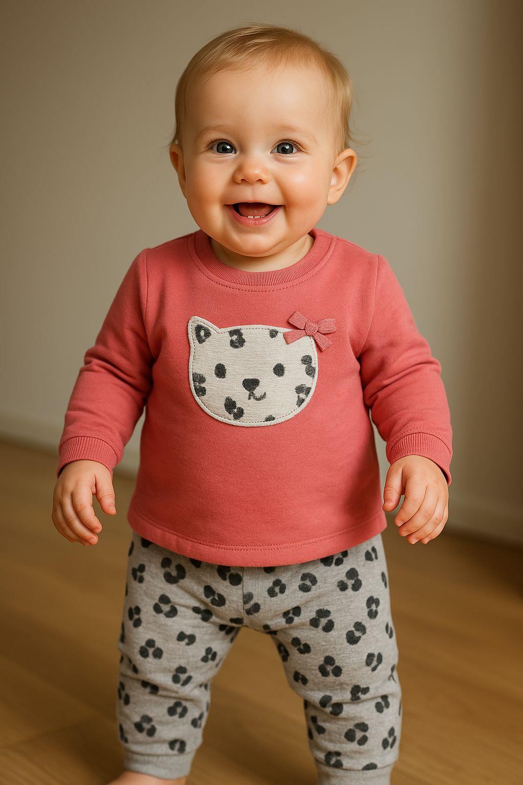 Pamuklu Nakışlı Sweat Patiksiz Alt 2li Pembe  Bebe Takım