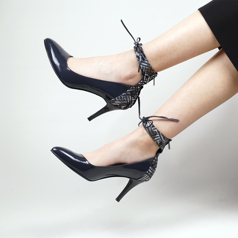 Lami Deri Özel Tasarım Kadın Topuklu Stiletto - Renk Lacivert Rugan