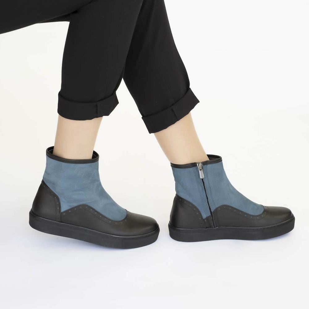 Zey Deri Özel Tasarım Kadın Sneaker Ayakkabı – Renk Siyah/ Mavi