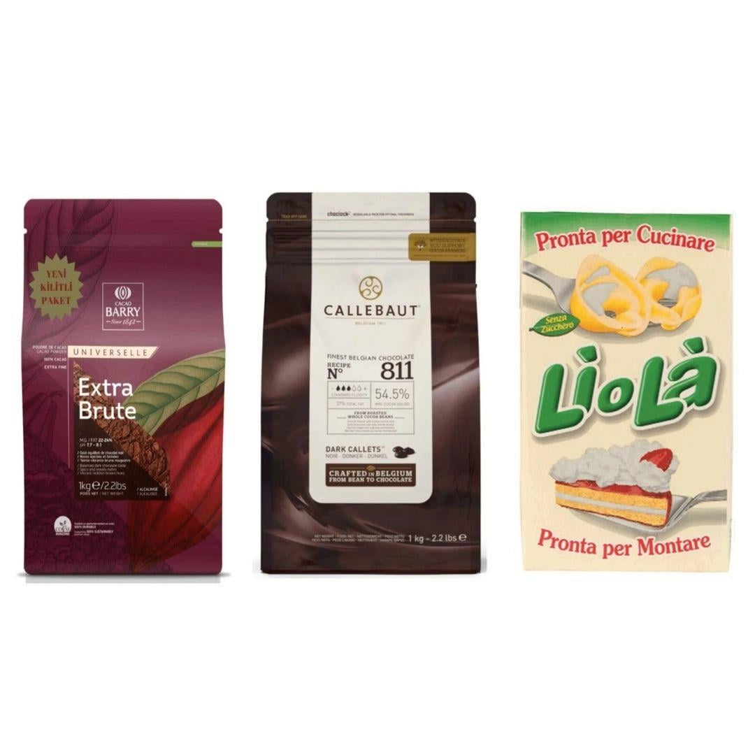 Extra Brute Toz Kakao 1 KG 811 Bitter Drop 1 KG Liola Şekersiz Sıvı Şanti 1 KG (3lü Pastacılık Fırsat Seti)