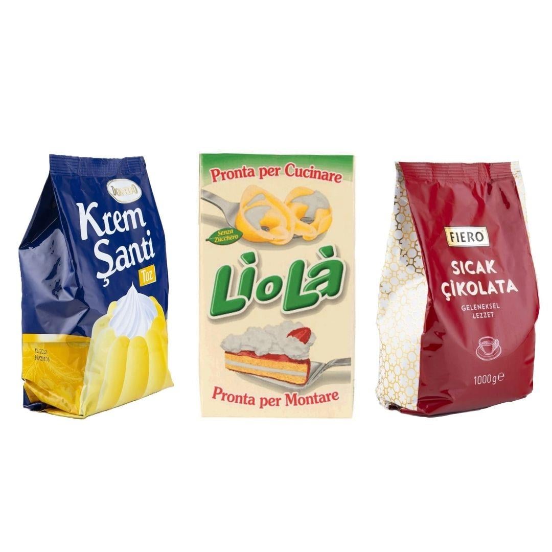 Toz Krem Şanti 1 KG Liola Şekersiz Sıvı Şanti 1 KG Fiero Sıcak Çikolata 1 KG (3lü Pastacılık Fırsat Seti)