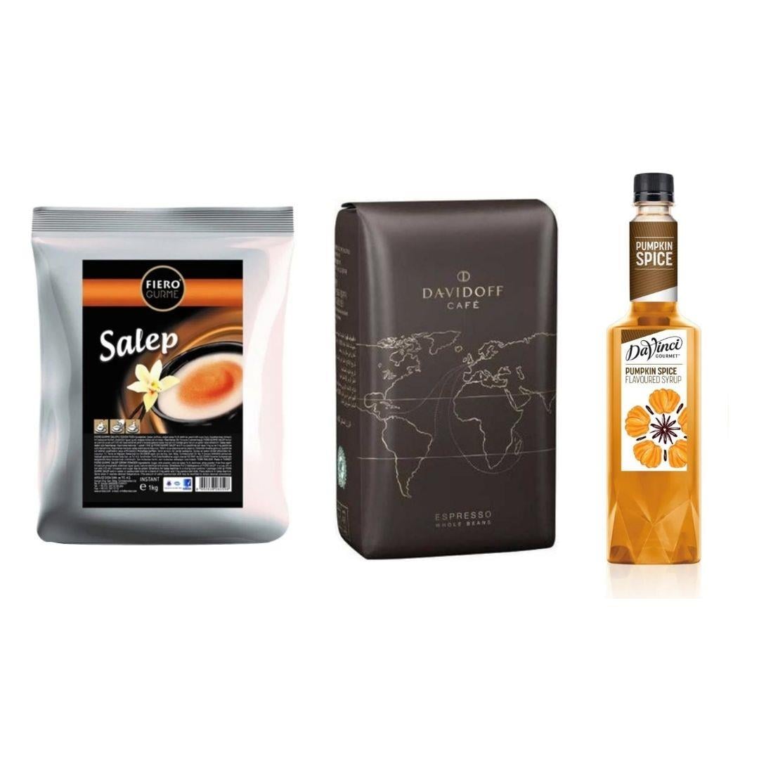 Toz Salep 1 KG Davidoff Espresso Çekirdek Kahve 500 GR Da Vinci Baharatlı Bal Kabağı 750 ML Şurup (3lü İçecek Fırsat Seti)