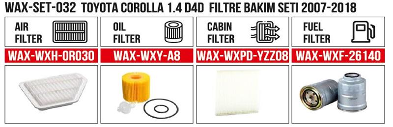  Filtre Set Toyota Corolla 1.4 D4D  Filtre Bakım Seti 2007-2018 (Hava+Yağ+Polen+ Yakıt)