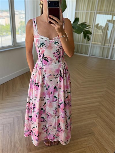  Biyeli Floral Desen Elbise 