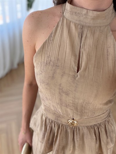  Gold Aksesuarlı Bluz - Pantolon Takım Camel