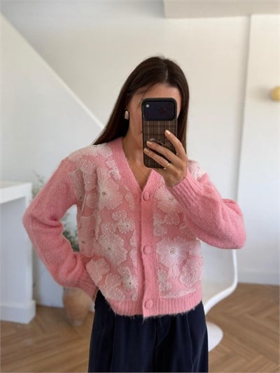 Amour Çiçek Aplikeli Pembe Hırka