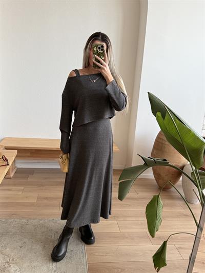 Antrasit Fitilli Örme Bluz Elbise Takım
