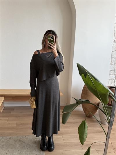Antrasit Fitilli Örme Bluz Elbise Takım