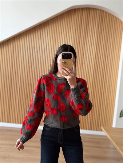 Antrasit-Kırmızı Floral Desen Kazak