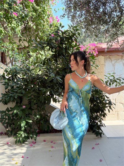 Aqua Sırt Dekolteli Saten Elbise