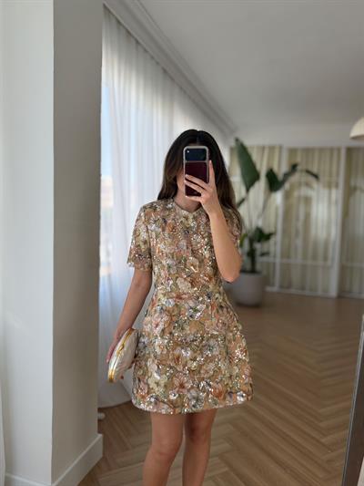 Ariana Çiçek Aplikeli Payetli Tasarım Elbise