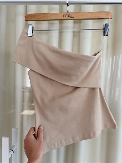 Asimetrik Kesim Bej Coton Bluz