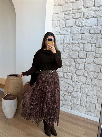 Asimetrik Kesim Kırışık Kahverengi Vual Etek 
