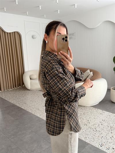 Asimetrik Kesim Kahverengi Ekose Gömlek