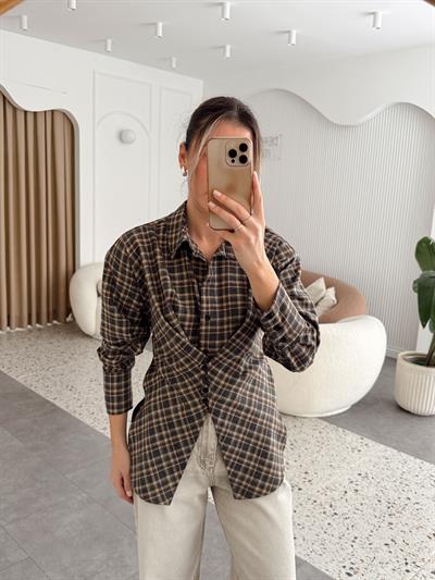 Asimetrik Kesim Kahverengi Ekose Gömlek