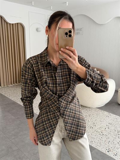 Asimetrik Kesim Kahverengi Ekose Gömlek