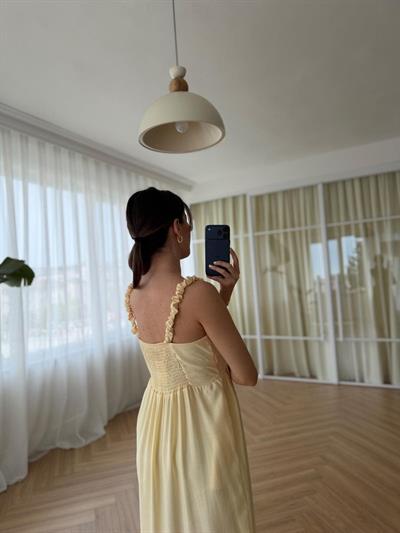 Askılı Nakışlı Sarı Tencel Elbise 