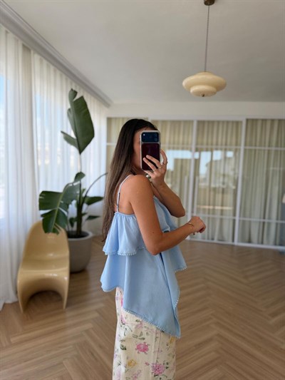 Askılı Volanlı Mavi Bluz