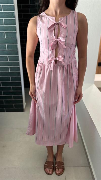 Bağlamalı Pembe Çizgili Elbise