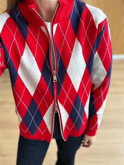 Baklava Desen Fermuarlı Kırmızı Hırka 