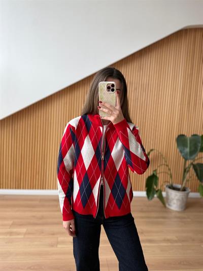 Baklava Desen Fermuarlı Kırmızı Hırka 