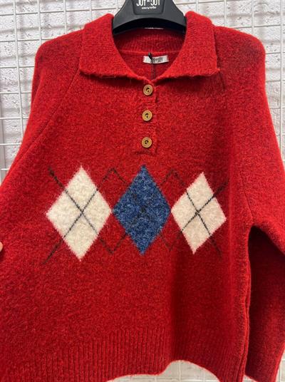 Baklava Desen Kırmızı Kazak