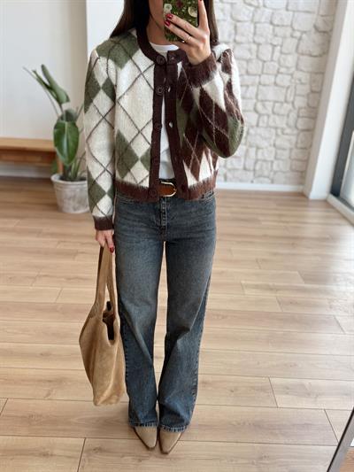 Baklava Desen Yeşil - Kahve Hırka