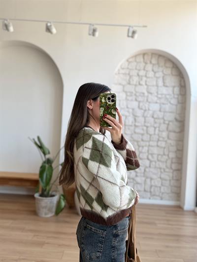 Baklava Desen Yeşil - Kahve Hırka