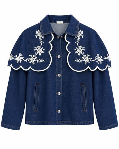 Bebe Yaka Nakışlı Lacivert Denim Ceket