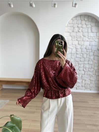 Bel Büzgülü Payetli Bordo Bluz
