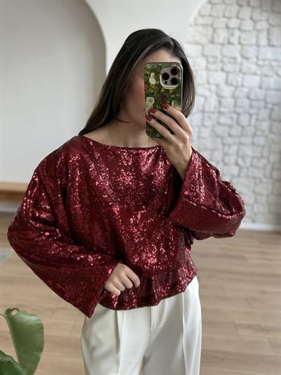 Bel Büzgülü Payetli Bordo Bluz