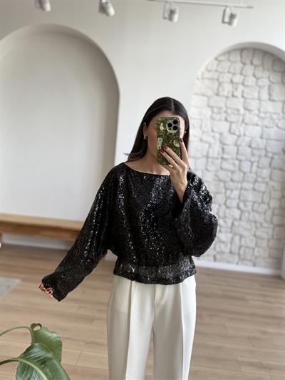 Bel Büzgülü Payetli Siyah Bluz