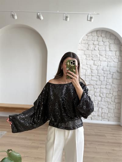 Bel Büzgülü Payetli Siyah Bluz