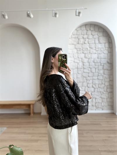 Bel Büzgülü Payetli Siyah Bluz