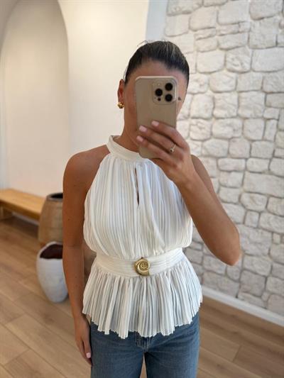 Bel Detaylı Piliseli Ekru  Bluz