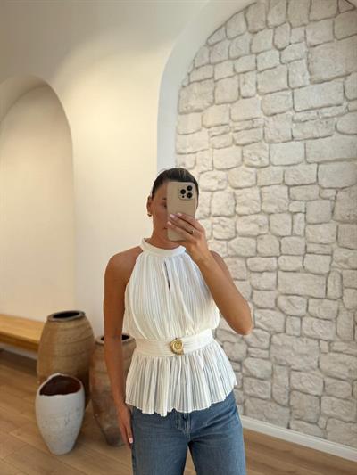 Bel Detaylı Piliseli Ekru  Bluz