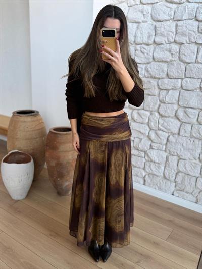 Bel Detaylı Simli Şal Desen Şifon Etek 