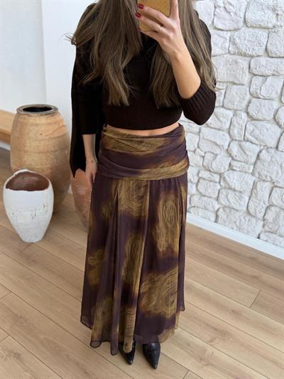Bel Detaylı Simli Şal Desen Şifon Etek 
