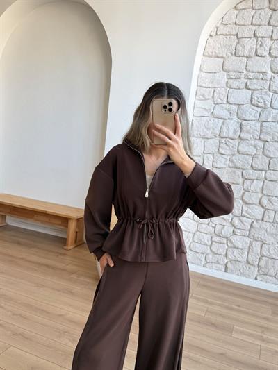 Beli Büzgülü Kahverengi Modal Takım