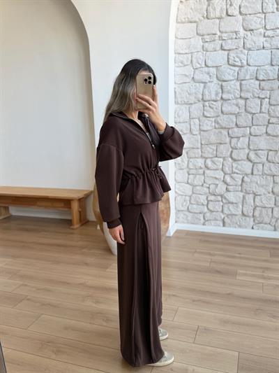 Beli Büzgülü Kahverengi Modal Takım