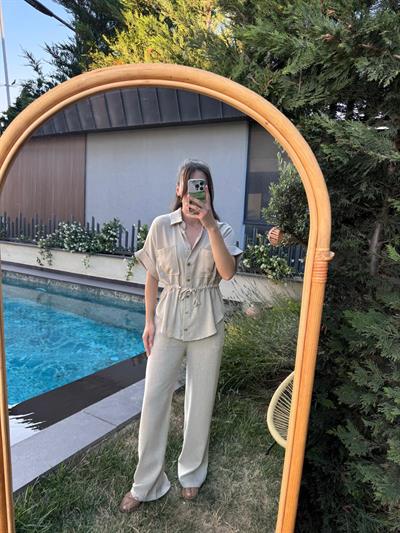 Beli Büzgülü Keten Takım