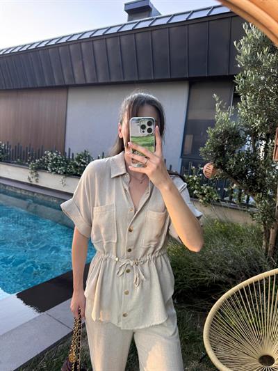 Beli Büzgülü Keten Takım