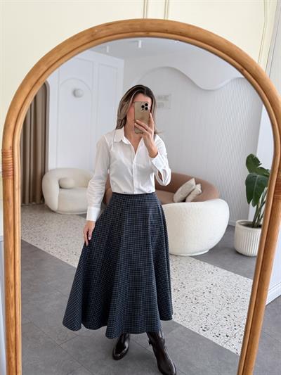 Beli Deri Biyeli Mavi Ekose Etek