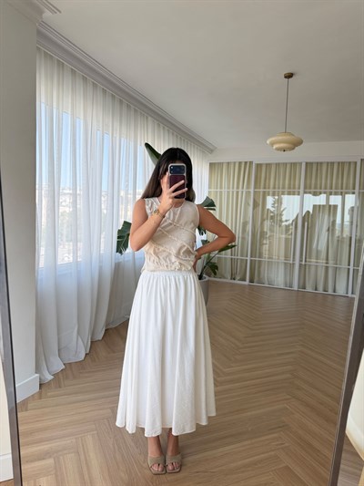 Beli Lastikli Astarlı Beyaz  Etek