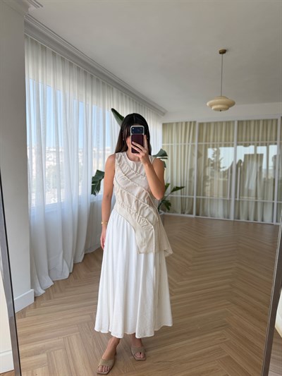 Beli Lastikli Astarlı Beyaz  Etek