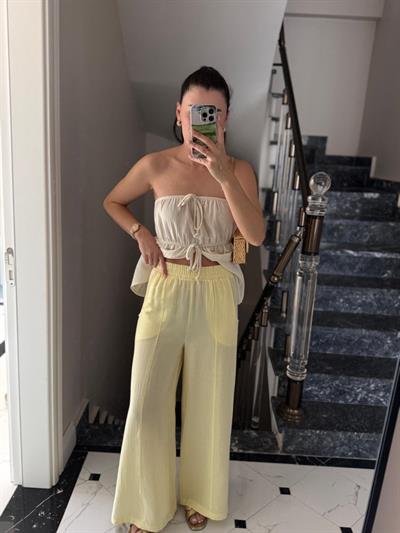 Beli Lastikli Sarı Müslin Pantolon