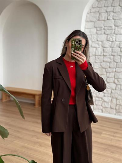 Beli Piliseli Acı Kahve Ceket-Pantolon Takım