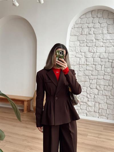 Beli Piliseli Acı Kahve Ceket-Pantolon Takım