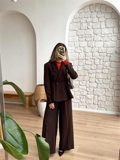 Beli Piliseli Acı Kahve Ceket-Pantolon Takım