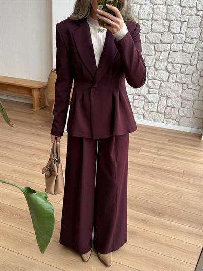 Beli Piliseli Mürdüm Ceket-Pantolon Takım